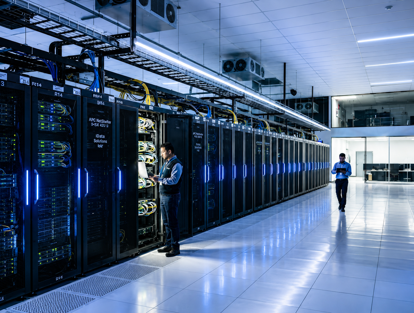 Infraestrutura moderna de data center com racks de servidores